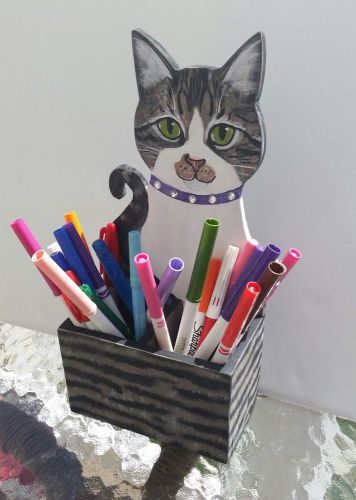 Tabby Cat Pencil Holder ~Handmade Hand Painted Wood Art ~KittyCat Studio