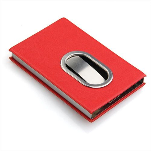 HiseNook Red Slide Out Stainless Steel Business PU Name Credit ID Card Holder...
