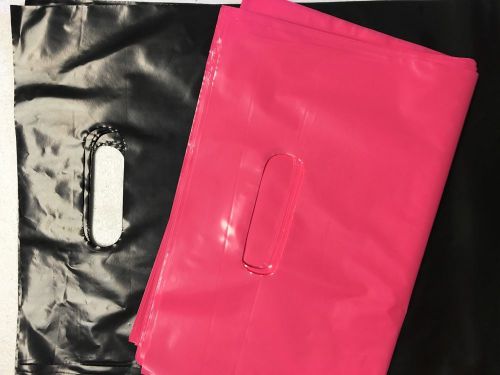 100 12 x 15&#039;&#039; Glossy Hot Pink &amp; Black Plastic Merchandise Bags with Handles