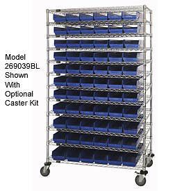 Wire shelving with (88) 4&#034;h plastic shelf bins blue, 60x14x74 for sale