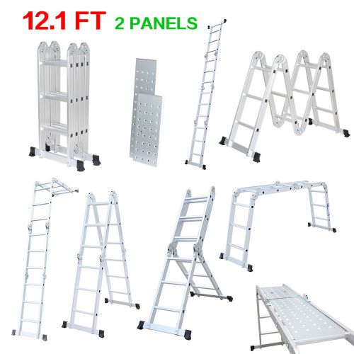 Extendable Aluminum Folding Ladder 2 Panels 4 Folds 12Rungs Multi-Purpose 12.1ft