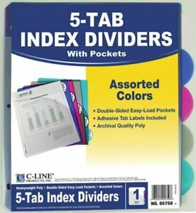 C-Line Polypropylene Binder 5-Tab Index Dividers with Double-Sided Slant Pockets