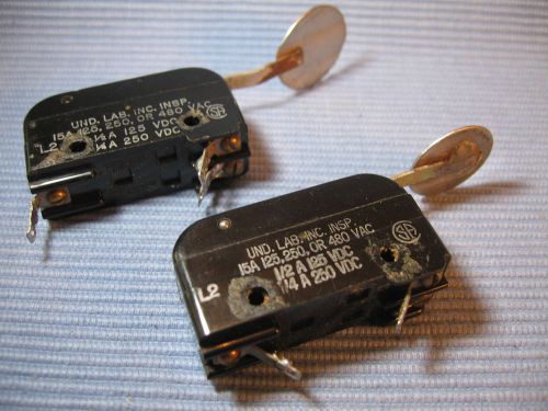 TWO MICRO #BZ-2RW84I SNAP ACTION SWITHCHES, SPDT, 15 A, 125-250 VAC, USED