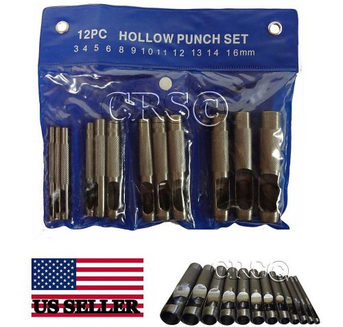 12pc hollow hole punch leather belt gasket craft metal rubber vynil plastic tool for sale