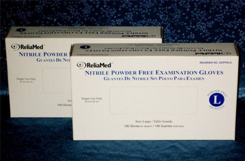 2 LOT 200 Nitrile Examination Gloves Large Powder Free - Beaded Cuff - ReliaMed