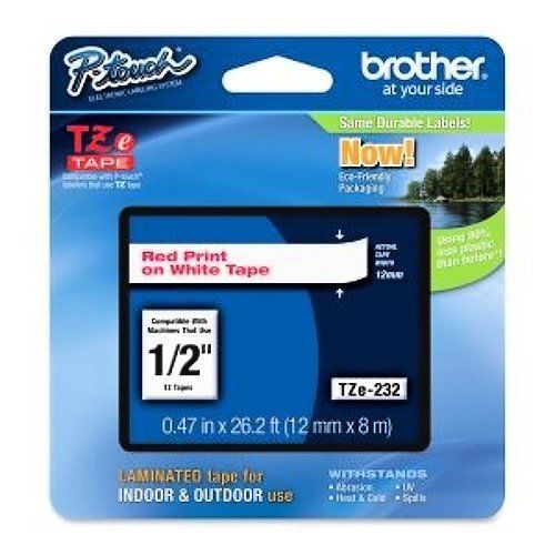 Brother TZE232 1/2&#034; Laminated Red on White Tape (1/Pkg) (26.2 Ft.) For use in TZ