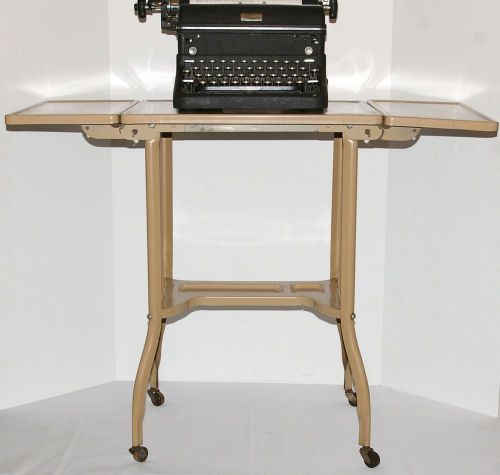 Vtg brown drop leaf steel typewriter/laptop table wood wheels shelf toledo guild for sale
