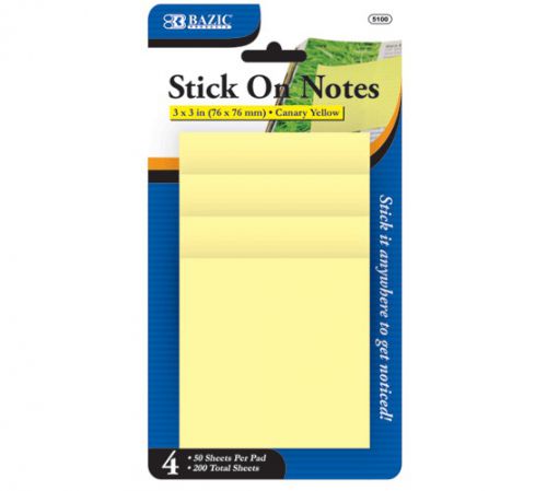 BAZIC 50 Ct. 3&#034; X 3&#034; Yellow Stick On Notes (4/Pack), Case of 24