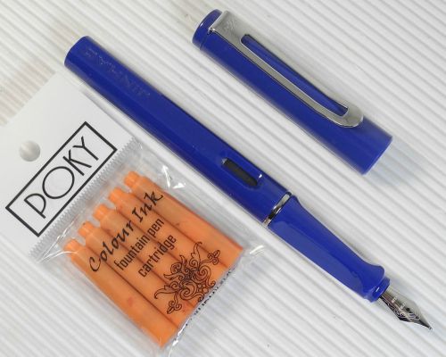 JINHAO 599B Fountain pen BLUE plastic barrel + 5 POKY cartridges ORANGE ink