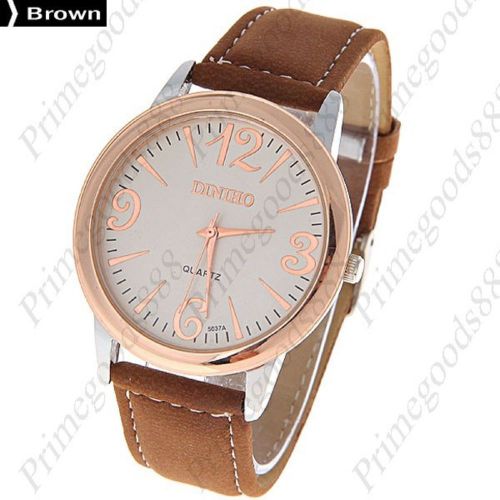 Gold trim round quartz wrist pu leather men&#039;s free shipping brown wristwatch for sale