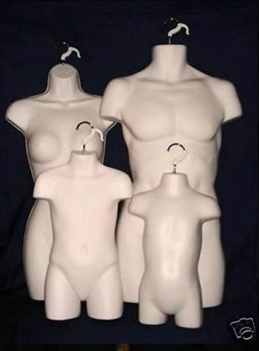 4 mannequins- male female child toddler flesh clothing display w/ hanging hook for sale