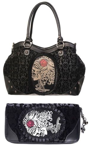 Gothic Cameo Skull &amp; Rose Flocked Handbag and Wallet Bag SET by Banned Christmas