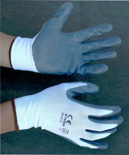 120 Pair White Nylon Work Gloves w/ Gray Nitrile Palm Finger Coating S, M, L, XL