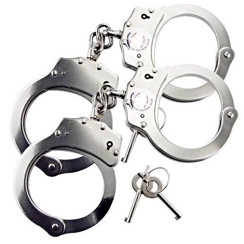 2 pack double locking silver chain handcuffs with utility belt pouch-full metal for sale