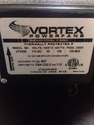 VORTEX VTX600 , 6&#034; Industrial Fan 115V 60Hz 130W