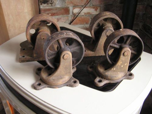 Lot of 4 ANTIQUE INDUSTRIAL SWIVEL CASTER 5&#034; Cast Iron Factory Cart  Wheels