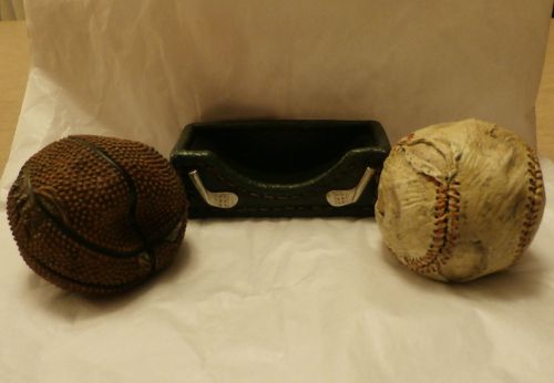 3 Pc Sports Desk Set Baseball&amp;Basketball Paperweights/Golf Business Card Hldr