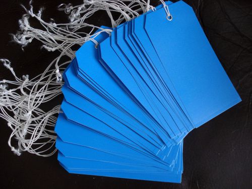 ULINE BLUE STRING TAGS~Metal EYELETS Store/Repair/Sale/Labels  4-3/4 x 2-3/8