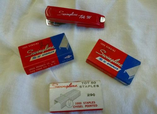 Vintage swingline red &#034;tot 50&#034; stapler usa with 3 boxes of staples for sale