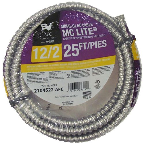 NEW~Case/QTY(5) 12/2 x 25 ft rolls  Solid MC Lite Metal Clad Cable  #2104S22-AFC