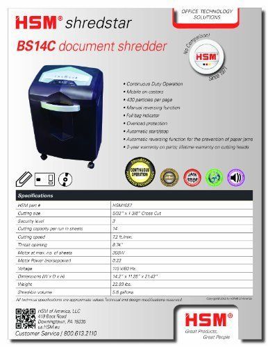 Hsm shredstar bs14c, 14-sheet, cross-cut, 5.8-gallon capacity continuous for sale