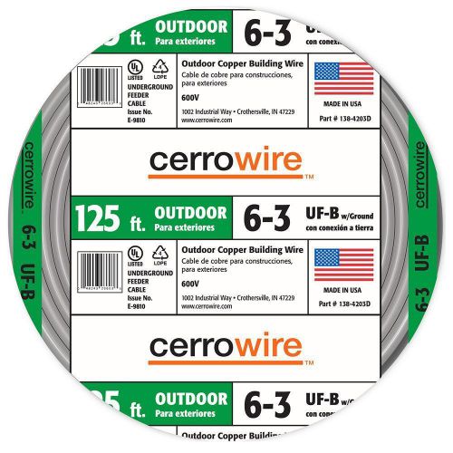Cerrowire 125-ft 6/3 uf-b cable new copper wire outdoor electrical 600v 6-gauge for sale