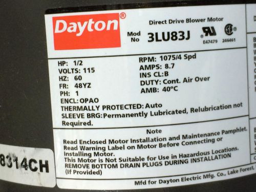 Dayton 3LU83J Direct Drive Blower Motor Type PSC HP 1/2 RPM 1075/4 Spd CW/CCW
