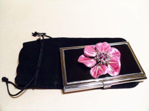 Business credit id metal case holder enameled pink flower rhinestones for sale