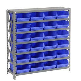 7 shelf steel shelving with (24) 4&#034;h plastic shelf bins, blue, 36x12x39 for sale