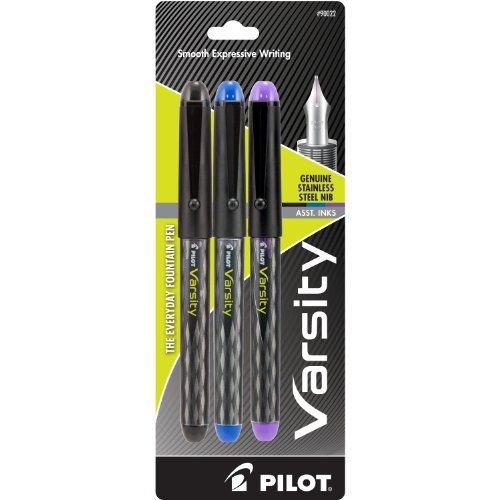 Pilot Varsity Disposable Fountain Pens, 3-Pack, Black/Blue/Purple Inks (90022)
