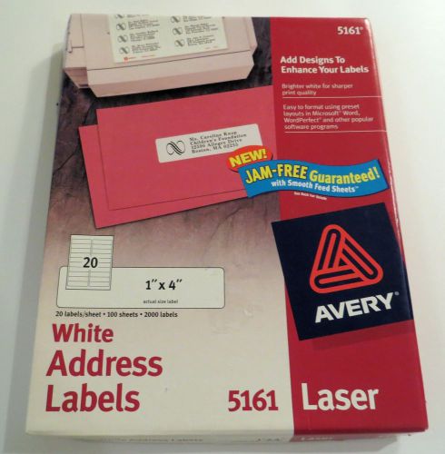 AVERY White Address 1&#034;x 4&#034; Laser Labels #5161 Box 1900 New Open Box