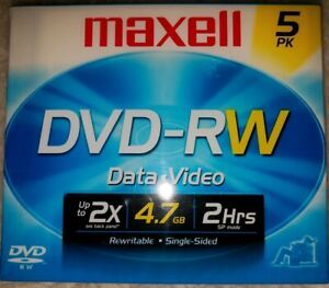 NEW Maxell DVD-RW 120 Min 4.7 GB Data Video Music ReWriteable 5 Pack Single Side