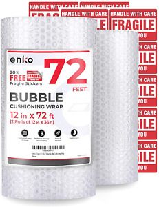 enKo 2 Pack 12 inch x 72 feet Bubble Cushioning Wrap Roll Perforated 20 Fragile