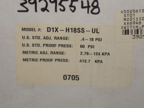 BARKSDALE DIX-H18SS-UL PRESSURE SWITCH  *NEW*