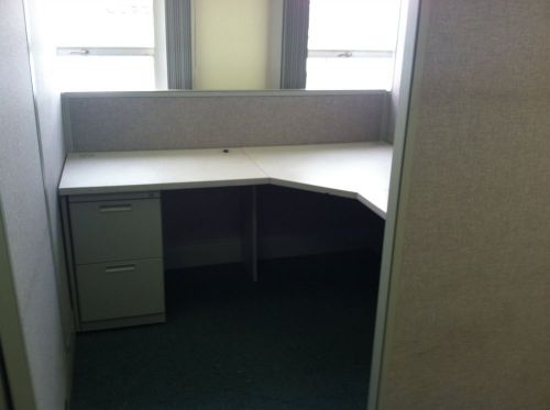 9 Grey colored Office cubicles with electric, overhead shelves, &amp; file cabinets