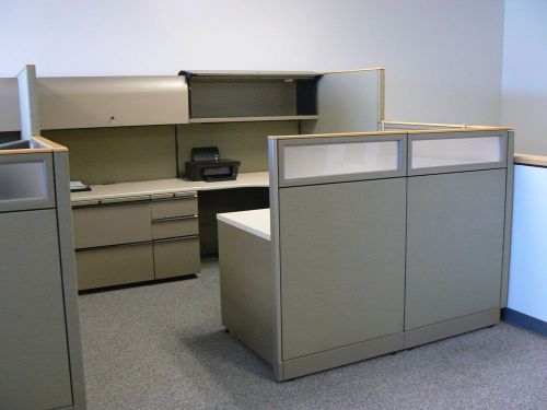 Very Nice three 3 Desk Cubicle Office Workstation Tables, lights, book cases.