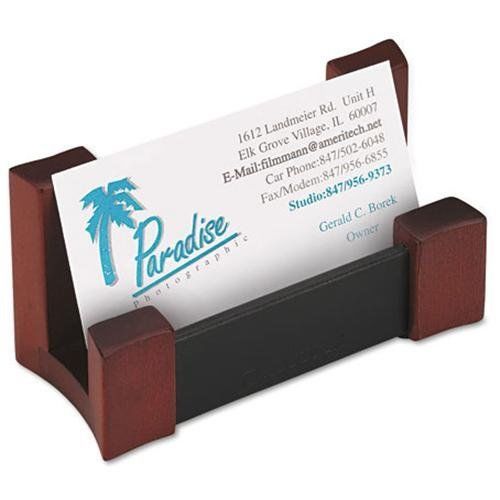 Rolodex Leather/wood Business Card Holder - Wood, Leather - Mahogany, (81766)
