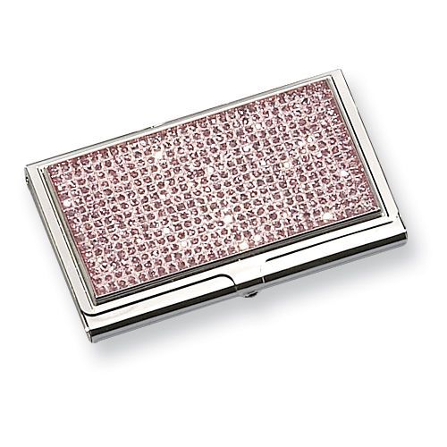 New Pink Glitter Silver-Tone Business Card Holder Office Accessory