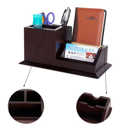 Business Office Pen Pencil Notebook ID Card Wood Holder Stationery Container