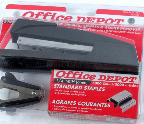NEW! Office Depot Black 3 Piece Stapler Set w/ Stapler, Staples &amp; Staple Remover