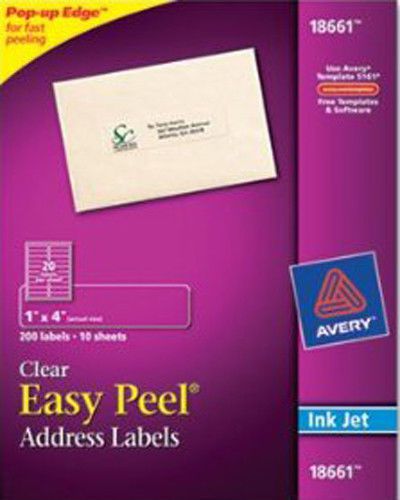 Avery18661 Clear Address Labels for Inkjet Printers 200 labels 1&#034; x 4&#034;