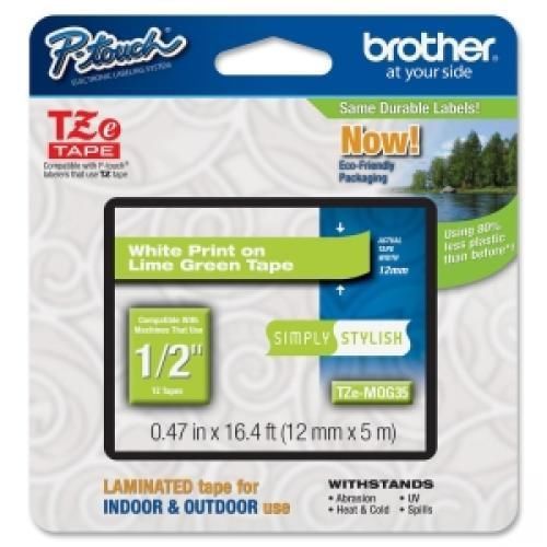 Brother tze-mqg35 white on lime green label tape - 0.47  width x 16.40 ft length for sale