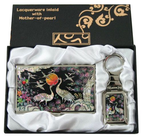 Mother of pearl pine sun &amp; crane business card holder keychain ring gift set #46 for sale