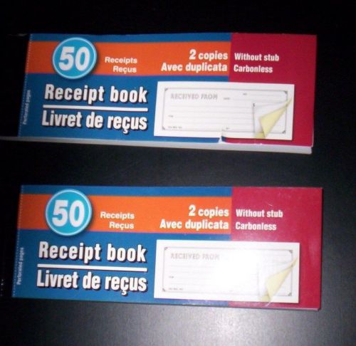 Receipt Book(S)~50 Duplicate Forms~Carbonless~WITHOUT STUB-SET OF 2 BOOKS