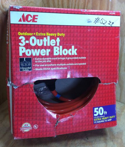 NIB 3 Outlet Power Block Outdoor 50 Foot Extra Heavy Duty 15 Gauge 15 Amp Cord