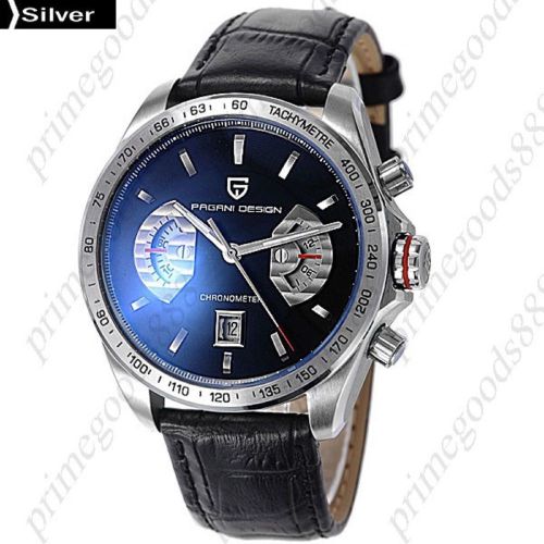 Silver Black Date Japan OS Chronograph Genuine Leather Analog Men&#039;s Wristwatch