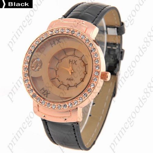 3D Rhinestones PU Leather Lady Ladies Wrist Quartz Wristwatch Women&#039;s Black