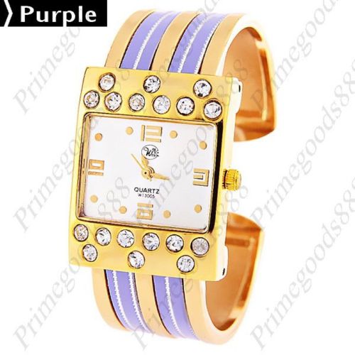 Gold Golden Square Bracelet Bangle Lady Ladies Quartz Wristwatch Women&#039;s Purple