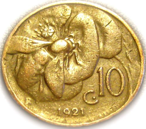 Honeybee Coin - Italy - Italian 1921R 10 Centesimi Coin - Great Coin - RARE