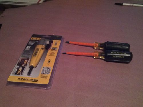 Klein tools insulated screwdrivers and a Dewalt right angle drill attachment.